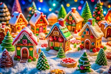 Naklejka premium Enchanting Gingerbread Village: Whimsical Miniature Townscape with Edible Architecture, Colorful Sugar Decorations, and Cozy Winter Vibes Perfect for Holiday Imagery