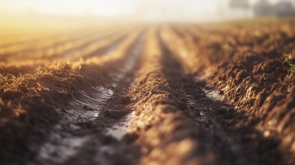 Plowed furrows in an agricultural landscape with selective blur effect highlighting farming techniques for soil enrichment under soft lighting.