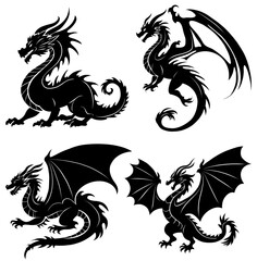 Naklejka premium Vector set of various dragon silhouette clip arts. Collection of fairytale black silhouette dragons isolated from background.
