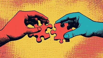 Halftone Collage of Hands Connecting Puzzle Pieces: Teamwork Concept in Pop Art Retro Style.