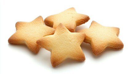 Golden-brown star-shaped cookies arranged neatly on a clean white background, showcasing their crisp edges and delightful texture.