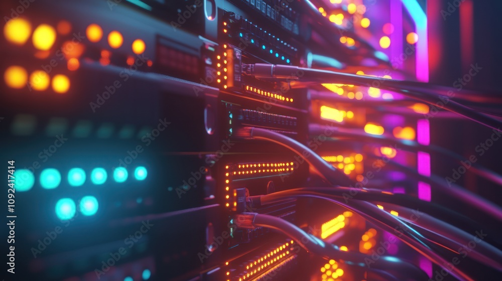 Poster Illuminated Server Rack With Network Cables