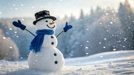 Obraz premium Joyful snowman with blue scarf and hat spreads holiday cheer in a snowy winter wonderland with falling snowflakes and soft sunlight