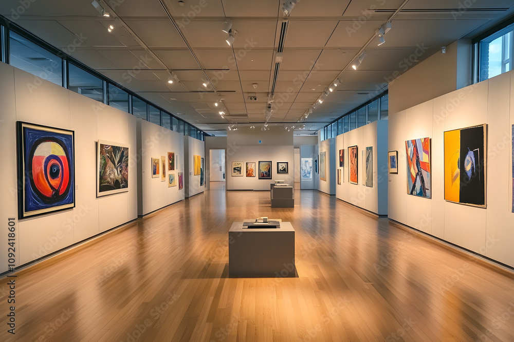 Poster a gallery with modern art pieces displayed on movable partitions, allowing for flexible layouts
