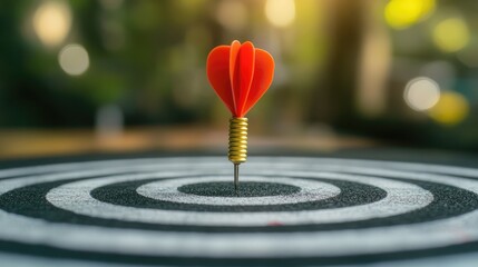 Dartboard with a red dart hitting the bullseye symbolizing business success and goal achievement amidst a blurred natural background.
