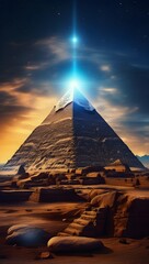 Majestic Pyramid Illuminated Night Sky, Ancient Egypt, Starry Scene. Generative AI