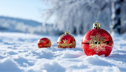 red and gold balls in a winter landscape