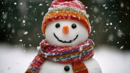 Fototapeta premium Cheerful snowman adorned with a colorful striped scarf and hat, smiling in a snowy landscape surrounded by gently falling snowflakes.