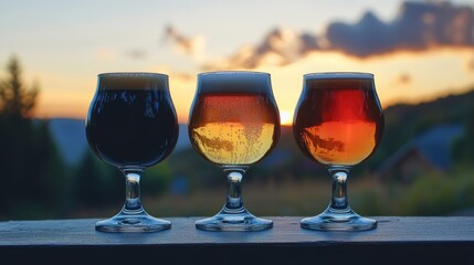 Three elegantly shaped beer glasses showcasing dark, amber, and golden brews, with a serene twilight sky and silhouette of trees in the background.