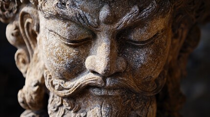 Regal stone sculpture featuring a wise and strong figure, characterized by intricate facial details and a majestic expression.