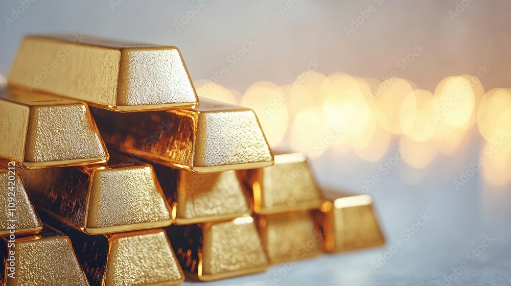 Poster stacked gold bars shimmering under soft light on a textured surface.