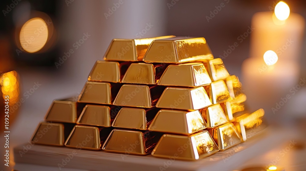Poster stack of gold bars on a display with candles in the background.