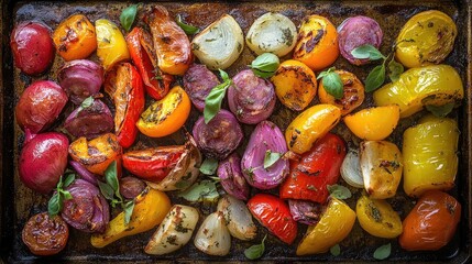 Colorful Assortment of Roasted Vegetables and Sausage Glazed to Perfection on a Baking Sheet Garnished with Fresh Herbs