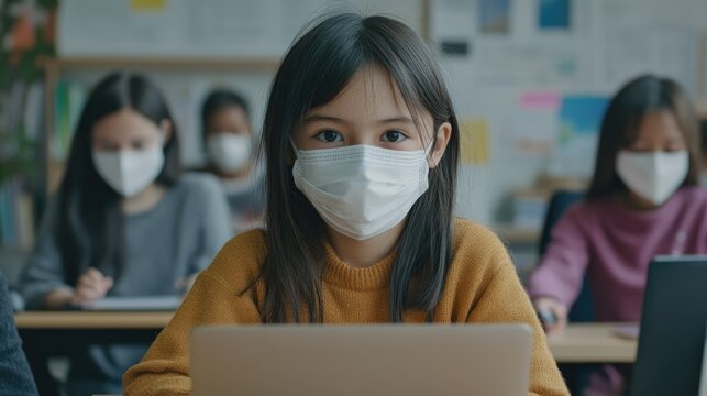 Students in an online classroom wearing masks while focused on learning, emphasizing safety and engagement in an educational environment.