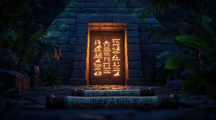 Ancient temple entrance with illuminated hieroglyphs in a lush jungle setting.