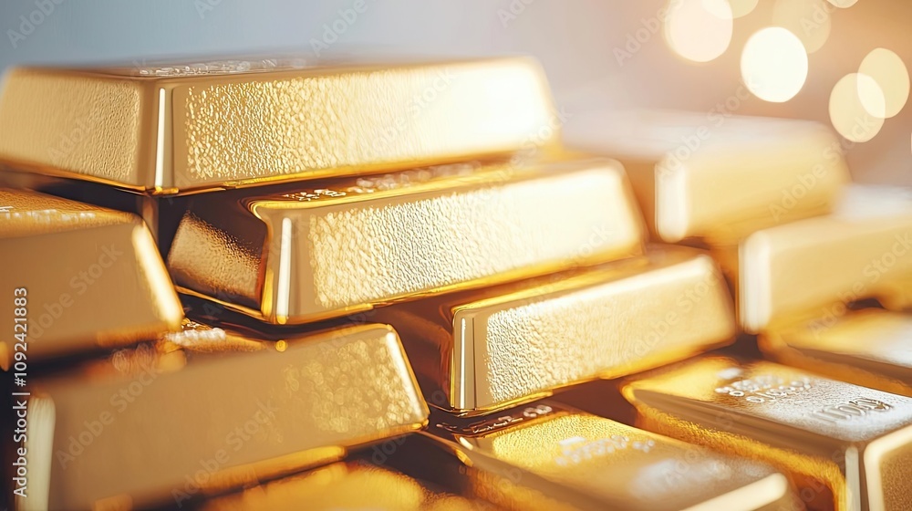 Poster close-up of shiny gold bars stacked on a surface with a soft bokeh background.