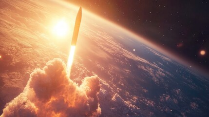 Fototapeta premium Space rocket launch with billowing smoke and flames, soaring into a vibrant sunset backdrop above Earth, signaling the start of an ambitious mission.