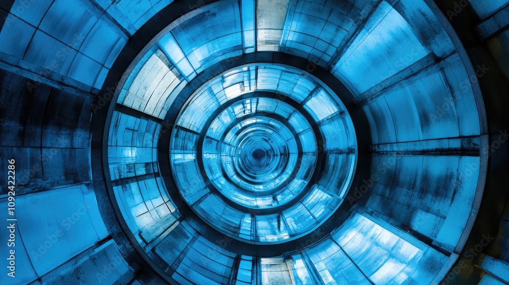 Poster cascading blue circular patterns inside a modern architectural structure with glass and light effect