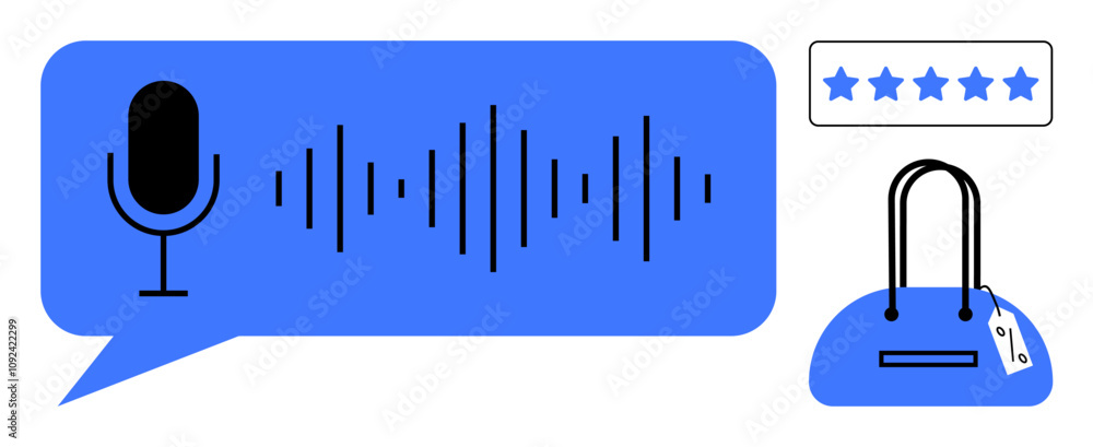 Poster microphone inside speech bubble with audio waveforms, handbag with price tag, five-star rating box. 