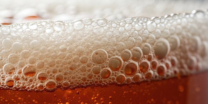 Close-up shot of foam on top of a beery liquid with bubbles forming, clear glass, barware