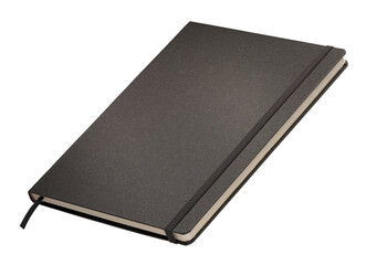 Black hardcover notebook isolated on white background, ideal for office, school, or professional use.