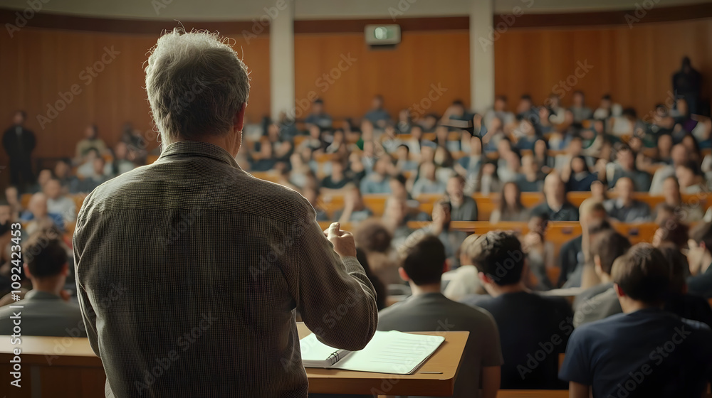 Poster back view of mature professor giving lecture to large group of college students in the classroom.