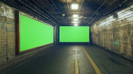 Obraz premium Vacant underground passage with two green screen billboards set against a gritty, textured wall, designed for promotional use and chroma key applications.