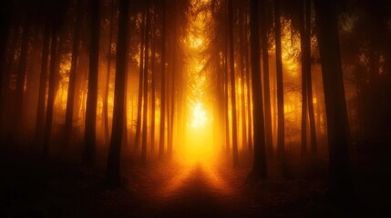 Naklejka premium Foggy forest path illuminated by golden dawn light, surrounded by towering trees creating an ethereal and tranquil atmosphere.