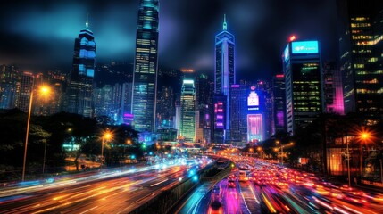 Fototapeta premium Vibrant Night Cityscape with Illuminated Skyscrapers
