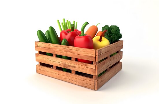 Wooden box vegetables cute 3d icon, healthy food farm harvest