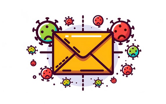 Email virus white background illustration, spam malware phishing cybersecurity hacker 