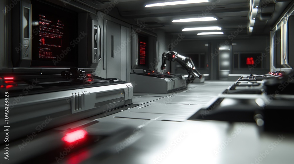 Poster futuristic control room with robotic arm and terminals