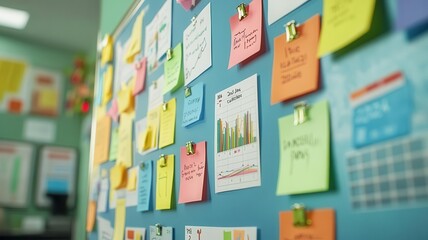 A yearend review board for 2024 with sticky notes, charts, and goals, symbolizing reflections on business achievements