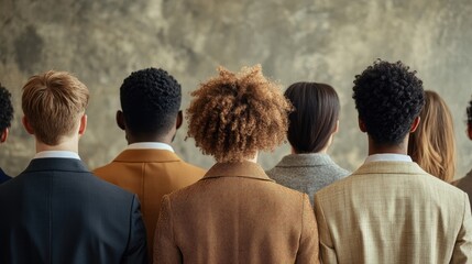 A diverse group of individuals in tailored suits viewed from behind, illustrating themes of uniformity, privacy, and the contrasting significance of personal space and individuality.