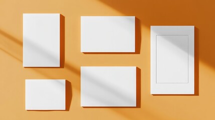 Modern minimalist wedding stationery mockup set on an orange backdrop showcasing blank invitation cards, RSVP, menu, table card, and thank you card with soft light refraction effects.