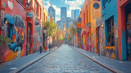 Fototapeta premium Colorful urban alleyway adorned with vibrant street art and modern city skyline.