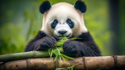 Obraz premium Panda Eating Bamboo in Nature