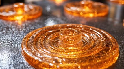 Close-up of amber circular glass objects.