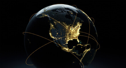 North America network lights glowing on digital Earth globe, USA data connectivity, gold on black background