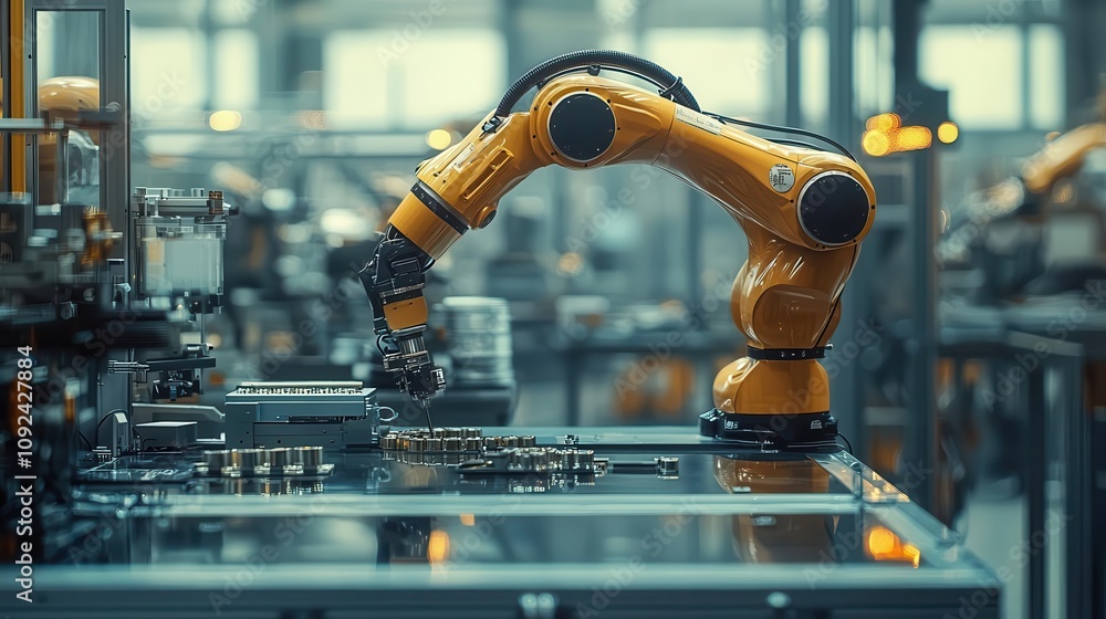 Poster robotic arm in a high-tech environment showcasing advanced technology