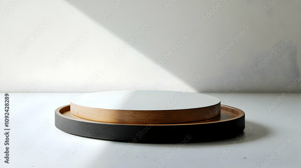 Poster 3d render of a minimalist wooden and dark gray circular display stand on white background with sunli