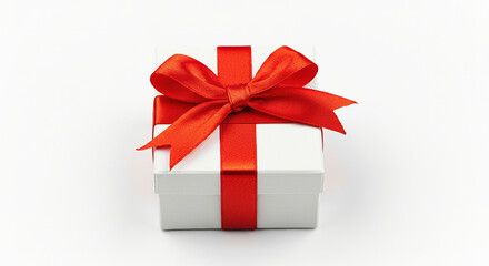 White gift box background ribbon red.