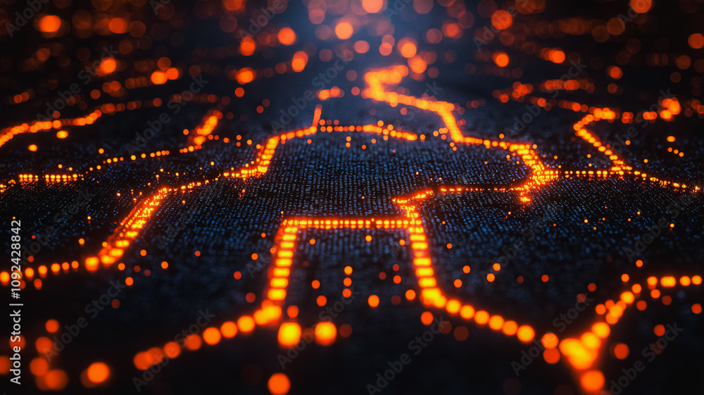 Poster a computer chip with a lot of orange lights on it. the lights are arranged in a grid pattern
