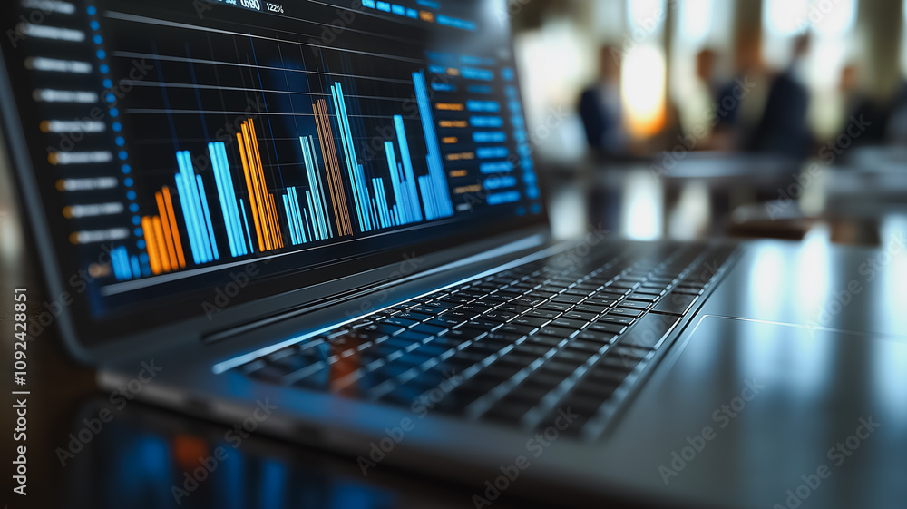 Poster a laptop displaying a graph with a blue background. the graph is showing a downward trend. the lapto