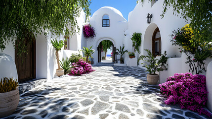 Fototapeta premium 3D Render of Sunlit Mediterranean Courtyard with Whitewashed Walls, Stone Paving, Lush Greenery, and Vibrant Flowers