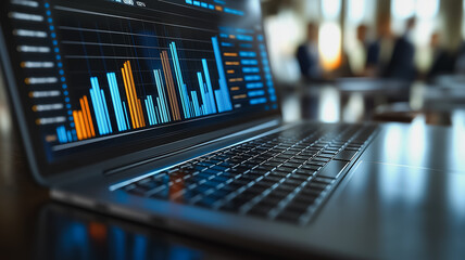 Naklejka premium A laptop displaying a graph with a blue background. The graph is showing a downward trend. The laptop is on a table in front of a group of people