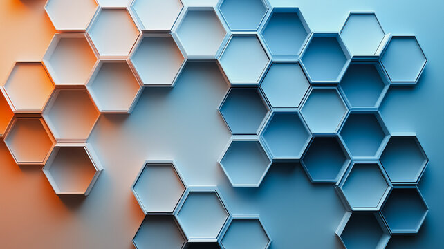 A blue and orange hexagonal pattern is displayed on a blue background. The pattern is made up of many small hexagons, some of which are blue and some are orange. Scene is one of creativity