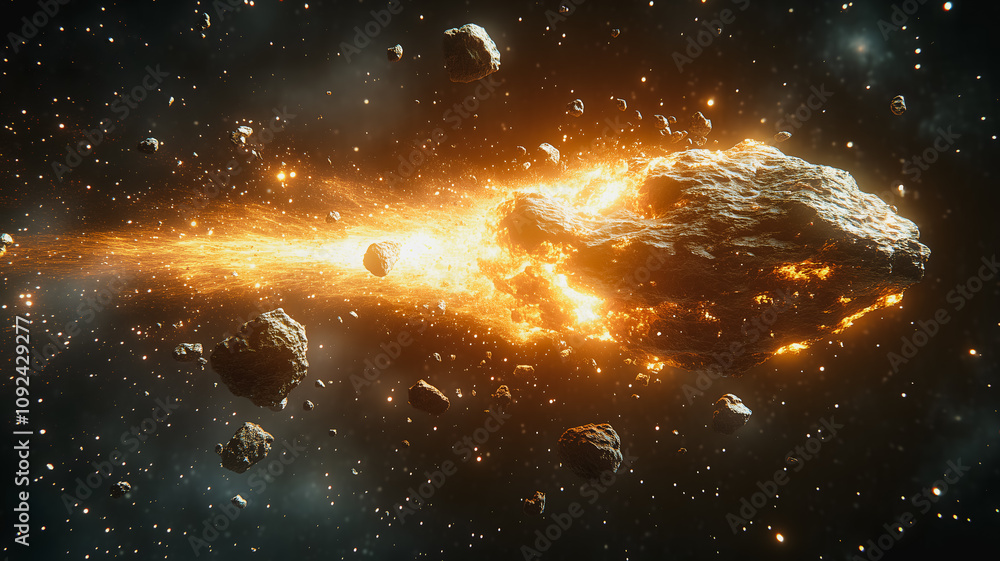 Poster a space rock is flying through space and leaving a trail of debris behind it. concept of destruction