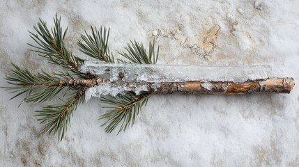 Frozen pine twig with icy crystals resting on snow-covered ground, accompanied by a winter thermometer showing low temperatures.
