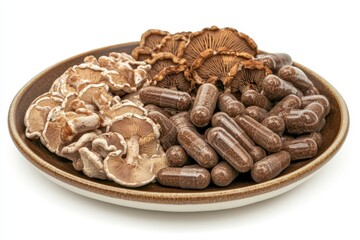 Obraz premium Mushrooms and Capsules on Plate with Bright Lighting